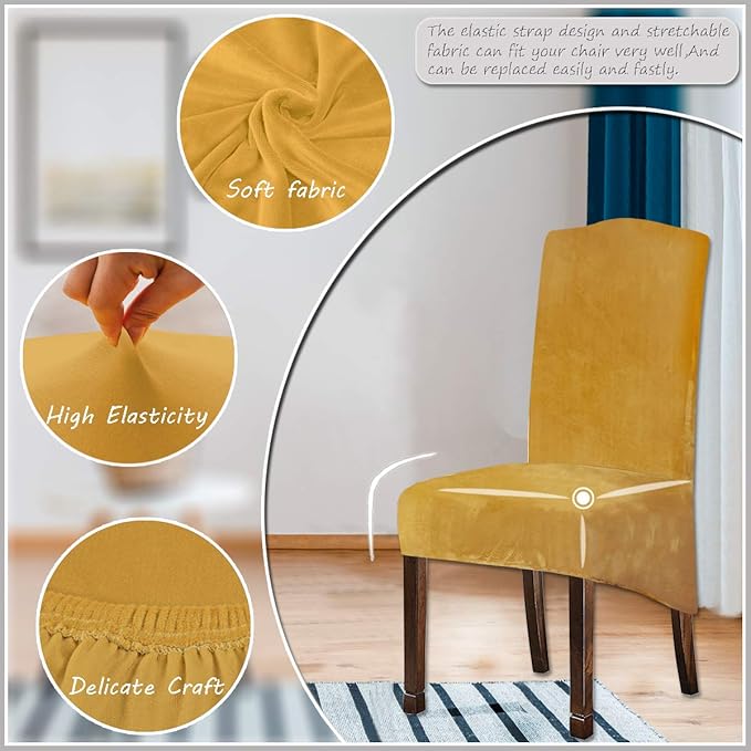 Velvet Plush XL Dining Chair Covers, Stretch Chaircover, Spandex High Chairs Protector Covers Seat Slipcover with Elastic Band for Dining Room,Wedding, Ceremony, Banquet (Mustard Gold, Set of 2)