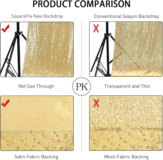 SquarePie 2 PCS 2x8ft Gold Sequin Backdrop Curtains, Satin-Backed Shimmering Photo Booth Background, 2 Panels Narrow Real Sequin Drapes with 4" Rod Pocket for Party, Baby Shower, Doorway Decor