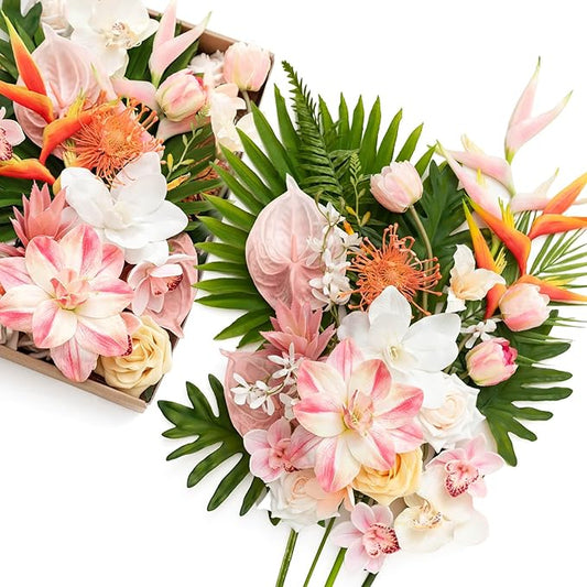 Ling's moment Fake Flowers Box, Faux Artificial Greenery Stems Foam Roses Anthuriums Silk Orchid Palm Leaf Fabic Flower for Centerpieces Bouquet Wedding Floral Vase, Sorbet Tropical, Deluxe Combo