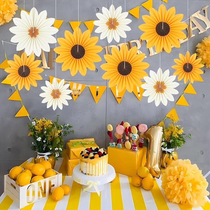 DODOKIM Sunflower Birthday Decorations Paper Flowers Decorations for Wall Floral Backdrop Classroom Baby Shower Paper Fans Flower Wall Decor Pack of 9 Sunflower Yellow Ivory