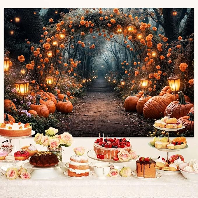 20 x 10 ft Fall Photography Backdrop Autumn Forest Maple Leaves Pumpkins Thanksgiving Party Supplies Nature Scenery Path Landscape Outdoor Party Decor Photo Booth Studio Props