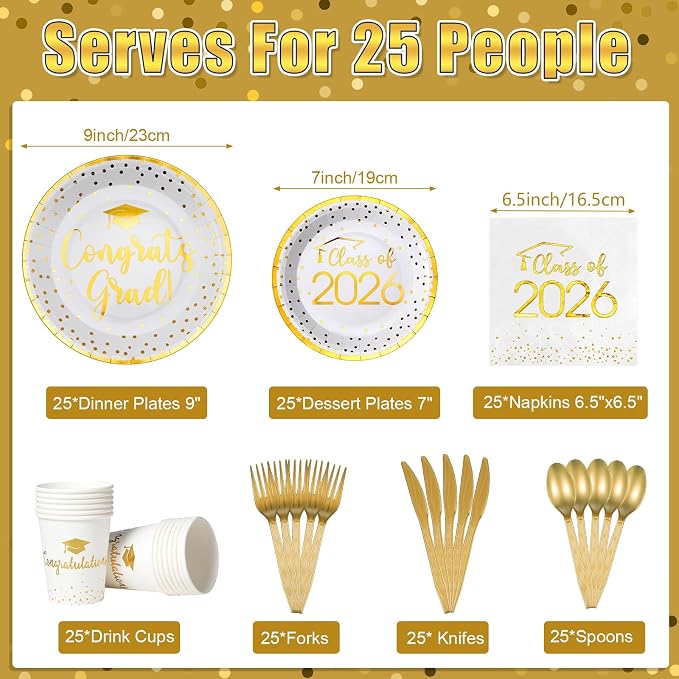 175pcs Class of 2026 Graduation Plates and Napkins Set, Disposable Paper Plate Set Polka Dots Napkin Cups Knife Fork Spoon for Graduation Party Decorations and Supplies,Serve 25 (White Gold)