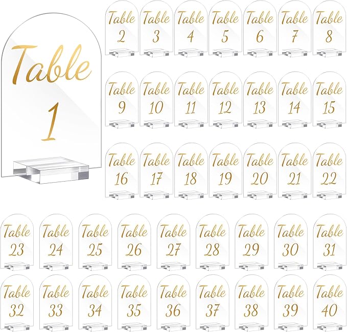 Qunclay 40 Pack 5 x 7 Inch Gold Acrylic Wedding Table Number 1-40 Clear Table Stand with Numbers Calligraphy Number Holders Signs for Wedding Reception Birthday Party Decorations