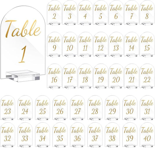 Qunclay 40 Pack 5 x 7 Inch Gold Acrylic Wedding Table Number 1-40 Clear Table Stand with Numbers Calligraphy Number Holders Signs for Wedding Reception Birthday Party Decorations