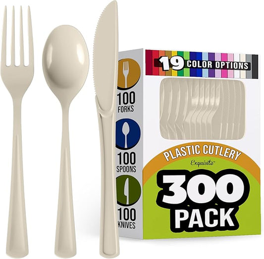 Party Solids Ivory Plastic Silverware Heavy Duty 300 Pieces Ivory Disposable Silverware Heavy Duty, Utensil Sets, 100 Of Each Forks, Knives & Spoons Disposable Cutlery Set For Party Supplies