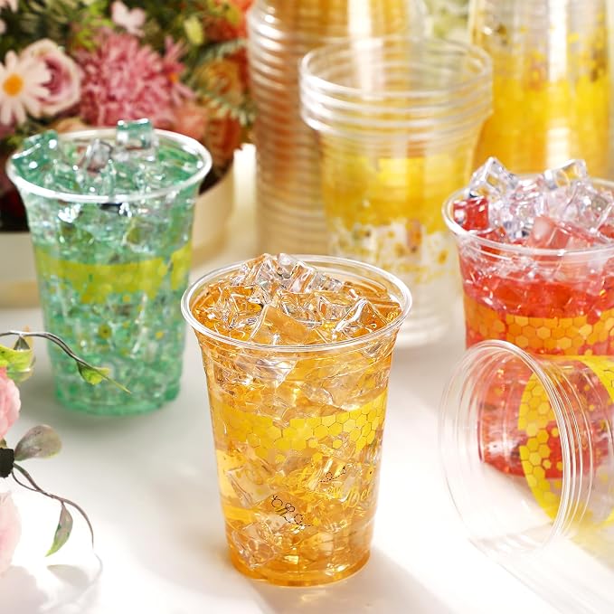 100 Pcs Bee Party Decoration Cups, 16 oz Clear Disposable Honeybee Cups, First Bee Day Theme Party Supplies for Spring Summer Birthday Baby Shower Beverage Snacks
