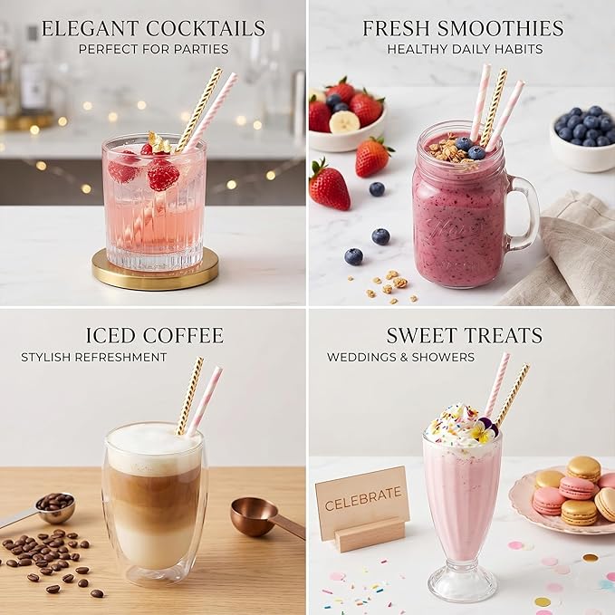 ALINK Biodegradable Paper Straws, 100 Pink and Gold Straws for Party Supplies, Birthday, Wedding, Bridal/Baby Shower, Christmas Decorations and Holiday Celebrations