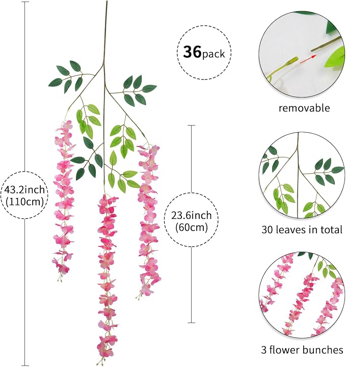 36 Pack Artificial Wisteria Hanging Flowers Fake Wisteria Flower Garland Silk Vines Rattan Decor for Home Wedding Arch Wall Garden Greenery Bedroom Outdoor Office Party Decoration (Dark Pink)