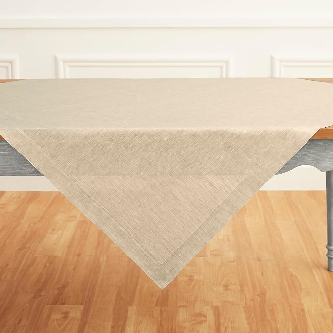 Solino Home Linen Cloth Tablecloth 52 x 52 Inch - 100% Pure Linen Champagne Beige Square Tablecloth - Athena, Machine Washable Table Throw for Summer