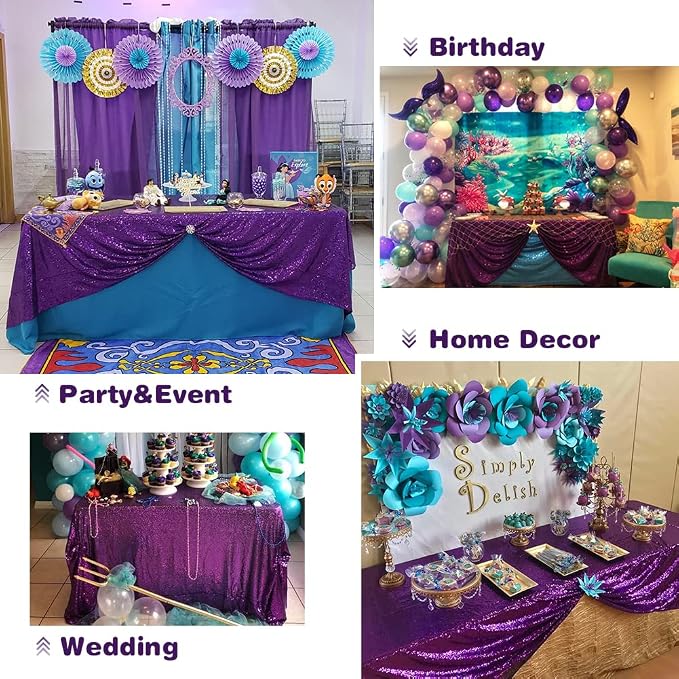 Eternal Beauty Purple Tablecloth, 90x132 Inch Sequin Rectangle Table Cover for Cake Dessert Exhibition Party Birthday Events
