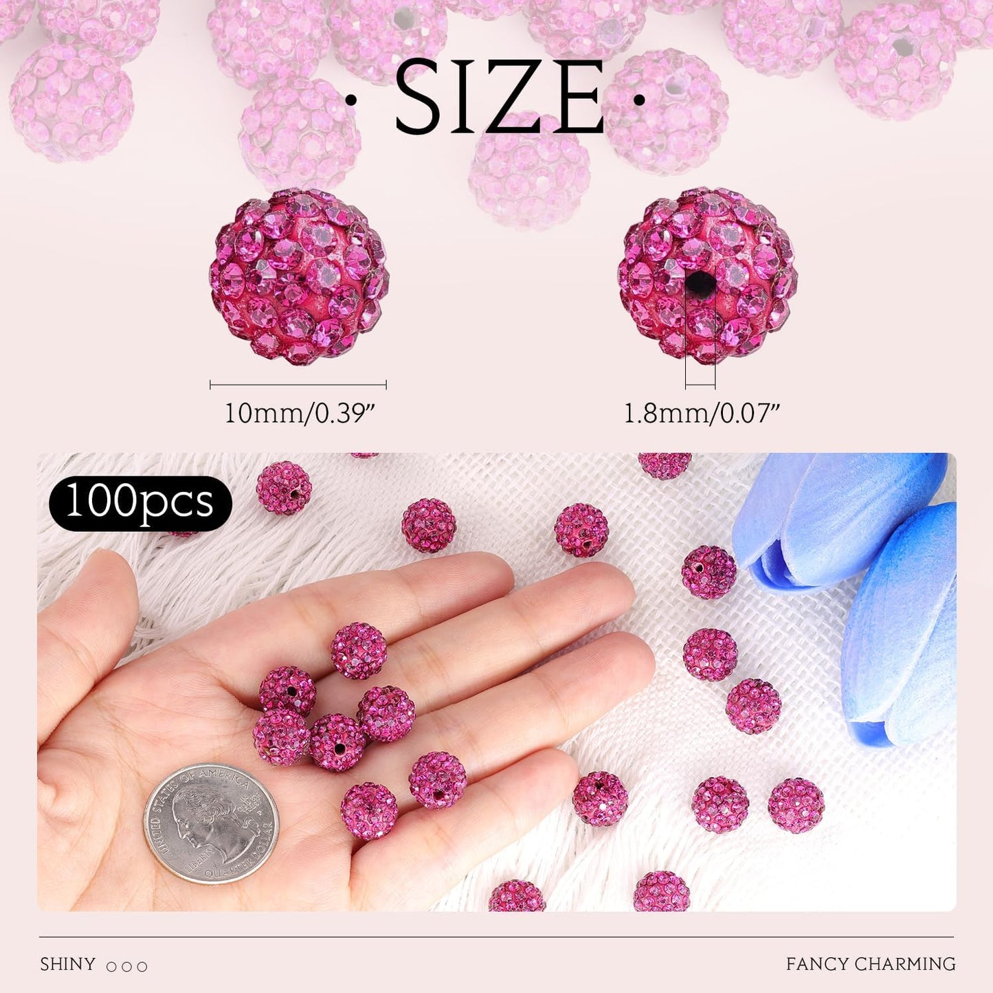 100 pcs 10mm Rhinestone Beads for Jewelry Making, Fuchsia Shiny Round Shamballa Disco Beads Bulk, Sparkle Crystal Clay Christmas for Bracelet Baseball Necklace Earring Crafting and DIY