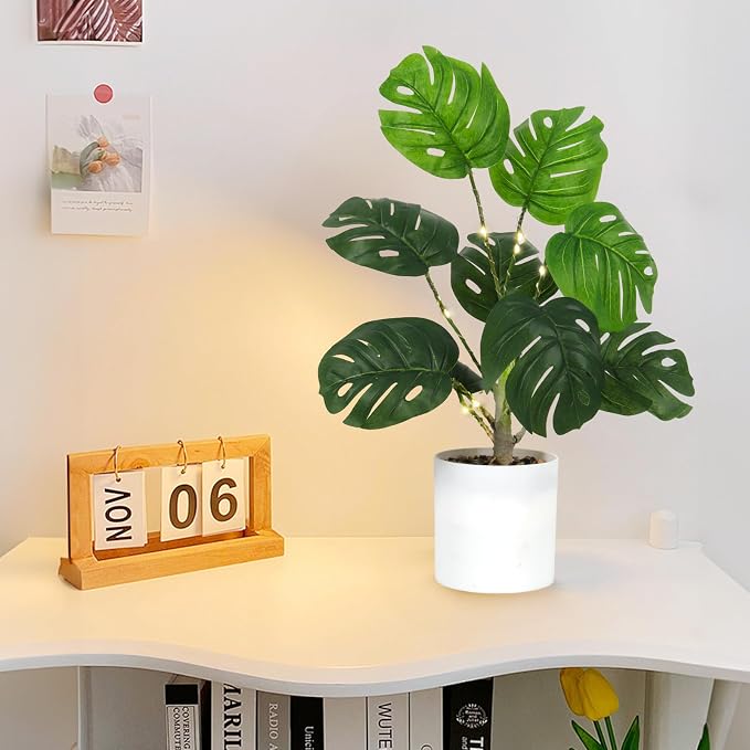 RECUTMS Fake Plants Tall 18In with Light Artificial Monstera Plant Potted Tropical Palm Tree in White Pot Faux Potted Greenery for Indoor Home Office Table Living Room Balcony Porch Outdoor Decor