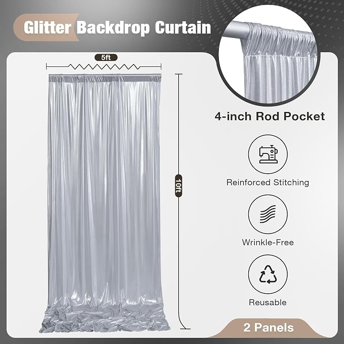10x10FT Silver Sequin Backdrop Curtain for Party - 2 Panels 5x10FT Wrinkle-Free Shimmer Drapes for Birthday, Wedding, Christmas, Decorations & Photography