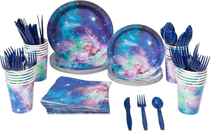 BLUE PANDA 168-Piece Space Birthday Decorations Set - Serves 24, Blue Galaxy 9" & 7" Plates, 9-Oz Cups, Napkins & 6" Cutlery - Moon & Stars Decor - Galaxy Party Cups & Cosmic Napkins