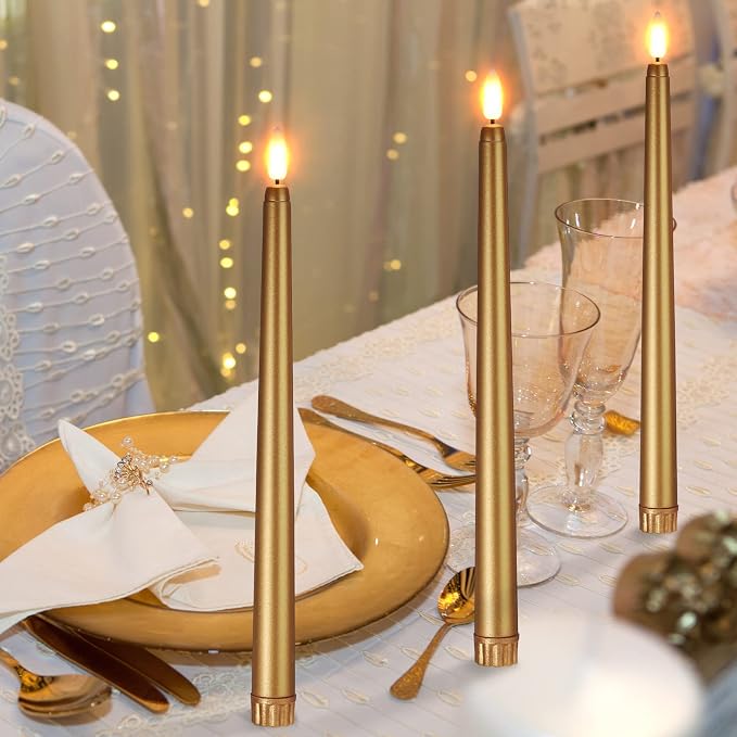 Macarrie 24 Packs Flameless Taper Candles Battery Operated Fake 11 Inch Long Candlelight LED Flameless Candlesticks Flickering Tapered for Summer Fall Wedding(Gold)