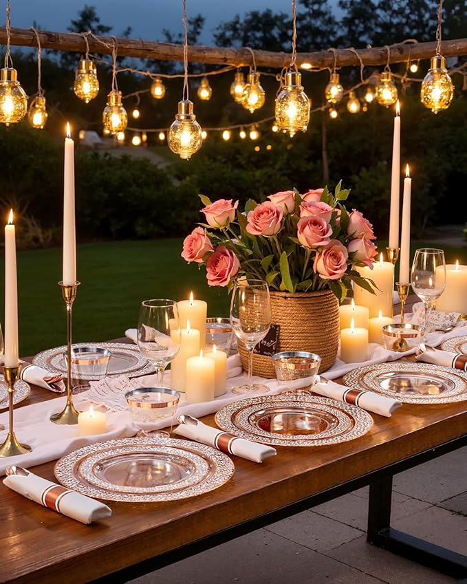 Ciaell 350PCS Rose Gold Plastic Plates - Clear Rose Gold Disposable Plates with Plastic Silverware include 100Plates, 150Silverware, 50Cups, 50Napkins for Wedding & Party & Mother's Day