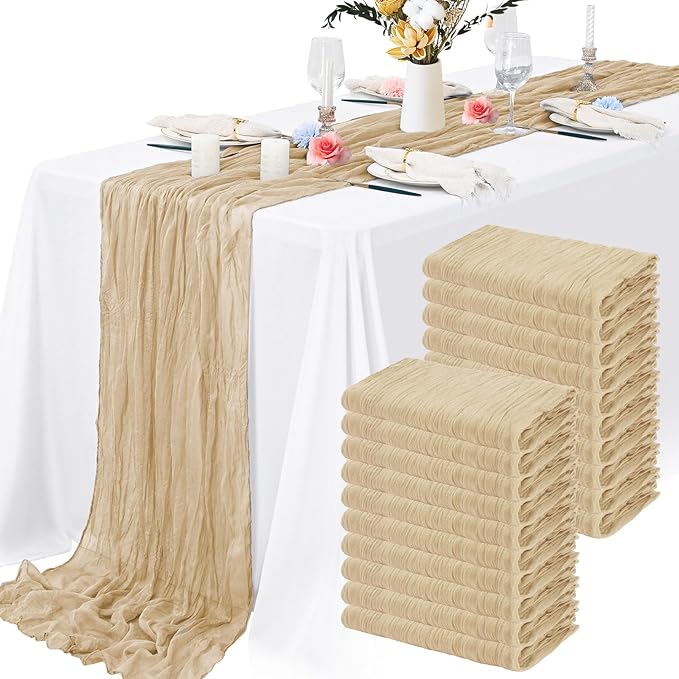 20 Pack Beige Cheesecloth Table Runner 10FT Long Boho Gauze Fabric Table Runner Vintage Rustic Sheer Runners for Wedding Party Bridal Baby Shower Table Decorations