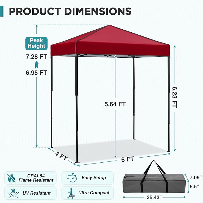 EAGLE PEAK 6x4 Instant Pop Up Canopy Tent, Straight Leg Sun Shelter, Portable Canopy with Carry Bag for Camping, Beach & Sports, Burgundy