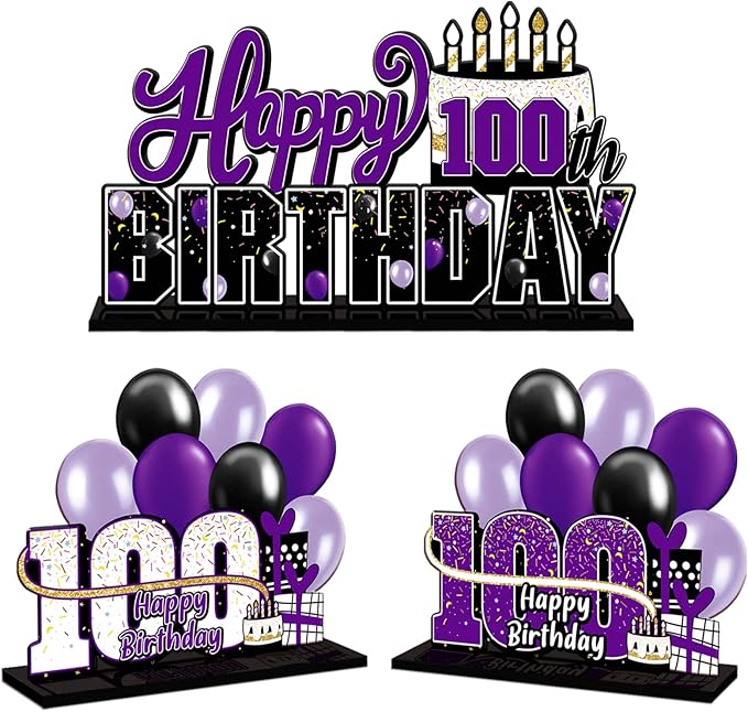 LINGTEER Happy 100th Birthday Purple Acrylic Table Topper Centerpieces Set - Cheers to 100 Years Old Birthday 100th Bday Party Gift Decorations.