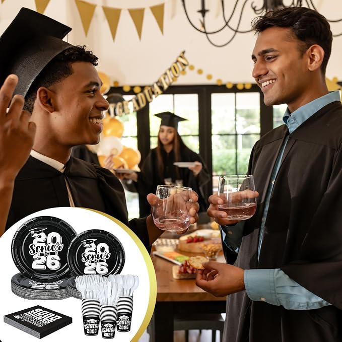 Yungyan 252 Pcs Senior 2026 Graduation Party Tableware Set Black and White Class of 2026 Grad Paper Plates Napkins Cups Forks Knives Cutlery for Graduate Party Decorations Supplies,Serve 36