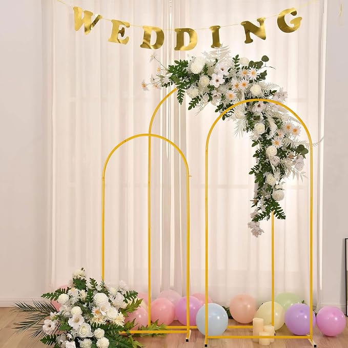 Vincidern 3pcs Metal Wedding Arch Backdrop Stand, Party Arch Stand, Balloon Arch Backdrop for Wedding Ceremony, Baby Shower, Birthday Party, Bridal Shower, Graduation Decor, Gold,7.2FT, 6.6FT, 5.9FT