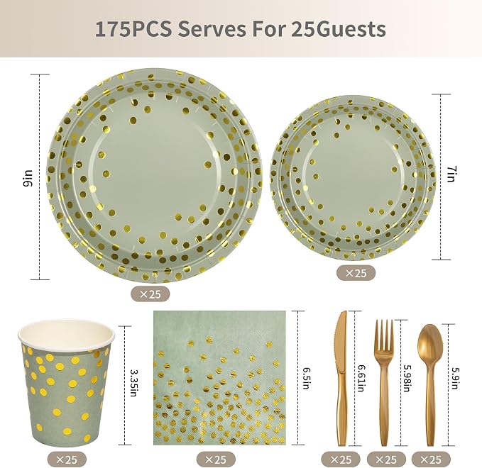 Goodlluck 175PCS Sage Green Gold Foil Polka Dot Disposable Party Tableware Set, 25 Guests | 9" & 7" Golden Dot Disposable Paper Plates, 9oz Cups, Napkins & Gold Cutlery for Baby Shower Birthday