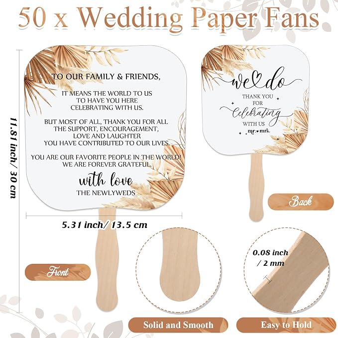 Fumete Wedding Favors for Guests 50 Pcs Wedding Fans and 1 Pc Table Sign Portable Paper Fan with Wooden Handle Hand Fan for Bridal Shower Party Favor Appreciation Gift(Boho)