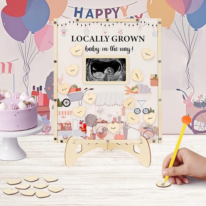 Locally Grown Baby Shower Decorations,Farmers Market Baby Shower Guest Book Alternatives with Pumpkin Pen,Photo Frame and 60 Heart Wood Slices for 60 Guests,Gender Reveal Decorations