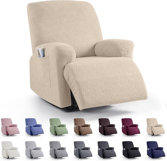 KinCam Recliner Covers, Stretch Reclining Chair Covers, Recliner Sofa Slipcovers Stripe Jacquard Recliner Couch Covers Furniture Protector Covers (1 XL Seater, Vanilla)