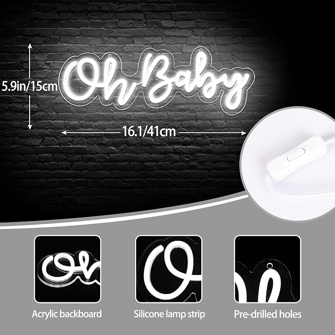 Oh Baby Neon Sign for Wall Decor,Neon Oh Baby Light up Sign for Backdrop Shower Decorations, Gender Reveal,Bedroom,Kids Room,Party,Birthday Decor,Size 16.1 * 5.9 Inch（JTD065)