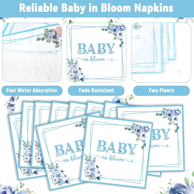50 Guests Baby In Bloom Baby Shower Decoration Blue Flower Paper Plates Napkins Forks Spring Floral Theme Party Tableware Disposable Party Supplies Favor Plates For Boy Girl Birthday 200PCS