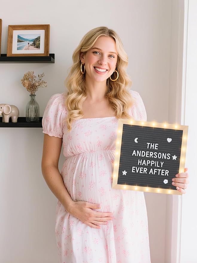 Changeable Felt Letter Board with LED Lights - 10×10" Message Custom Signs & Wood Stand & 450 Letters, Poster Board for Baby/Pregnancy Announcement/Classroom Wall Decor Gifts First Day of School, Grey