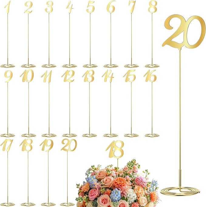 Novabright 20 Pcs Metal Table Numbers 1-20 Numbers for Wedding Reception, 10 Inch Stainless Steel Table Number Signs with Sturdy Holder Base for Banquet, Party, Restaurant & Event Decor (Gold)