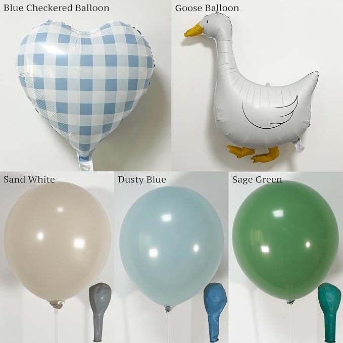 One Silly Goose Balloon Arch Kit – Sage Green Dusty Blue Balloon Garland with Goose gingham heart balloons, Vintage Goose Baby Shower Decorations, Boy or Girl Birthday Party Decor (146PCS)