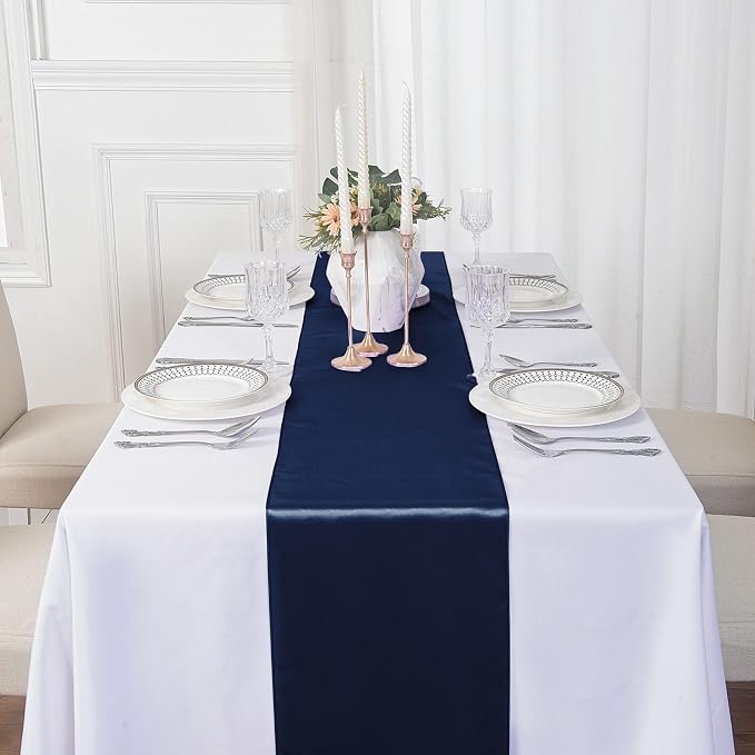 24Pack Table Runner 12 x 108 Inches Satin Silk Table Runner for Wedding, Birthday Party, Banquets, Graduations Decoration, fit Rectange and Round Table-Navy