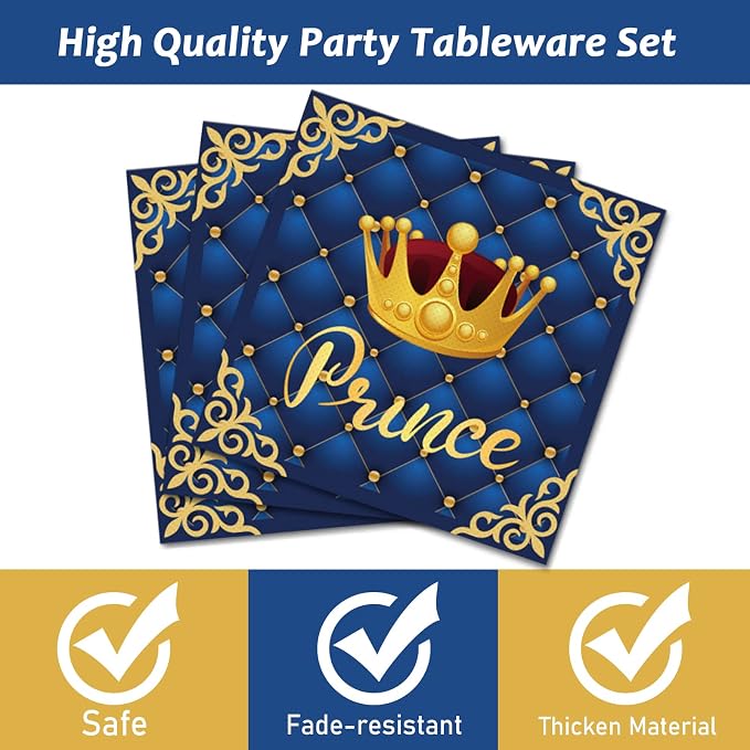 chiazllta 96 Pcs Royal Blue Prince Party Paper Plate and Napkins Supplies Little Blue Prince Theme Baby Shower Dinnerware Decor Blue and Gold Crown Paper Plate Napkin Fork for Party Favors 24 Guests