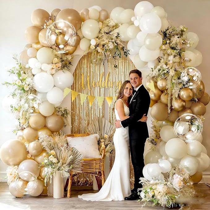 White Sand Gold Balloon Garland, Double Stuffed Pearl White Gold Cream Beige Balloons Clear Bobo Latex Balloon Arch Kit for Wedding Bridal Shower Birthday Baby Shower Gender Reveal Party Decorations