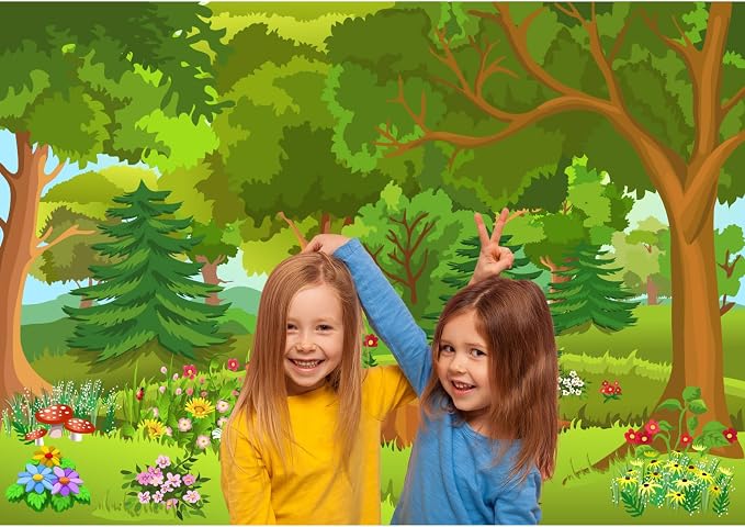 Cartoon Forest Backdrop Fairytale Jungle Forest with Flowers Mushroom Photography Background for Birthday Party Decorations Baby Shower Kids Game Portrait Photoshoot Photo Background Props 5x3ft
