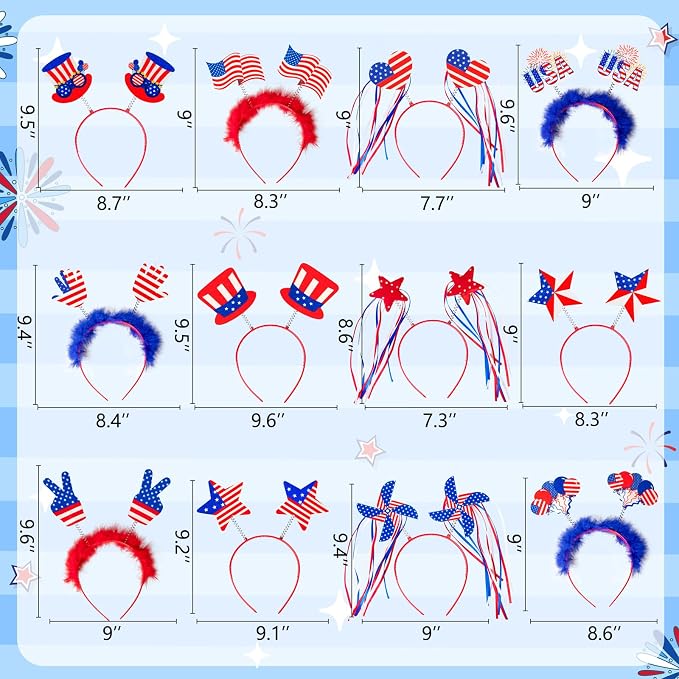 Moon Boat 12PCS 4th of July Headbands, Fourth of July Party Decorations Accessories, Patriotic Red White Blue USA Outfit Favors for Independence/Memorial Day