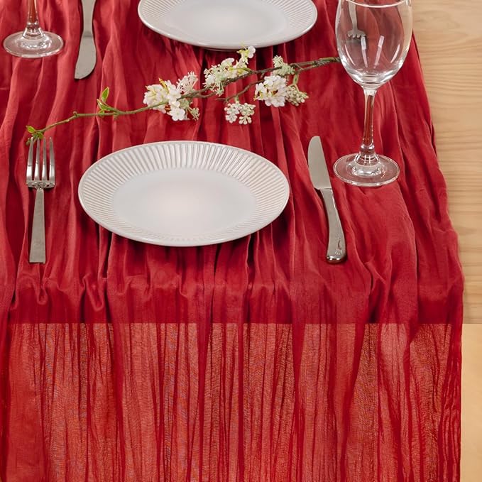 MLMC 3 Pack Red Table Runner Boho Rustic Gauze Cheesecloth Table Runner Sheer Cheese Cloth Centerpiece Decor 35x120 Inches for Wedding Reception Annniversary Decor