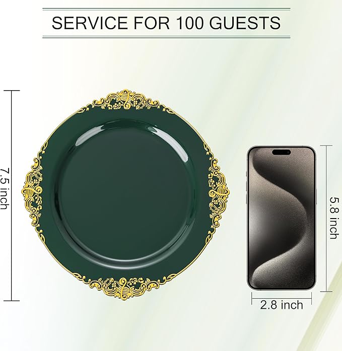 Nervure 100Pcs Green and Gold Plastic Plates - 7.5inch Green Disposable Plates - Heavyweight Gold Plastic Plate - Dessert Plate for Wedding & Party