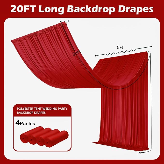 Outpain 20ftx20ft Red Backdrop Ceiling Drapes,4Panels 20ft Height Wrinkle Free Tent Draping Curtains, Fabric Drapery Ceiling Drapes for Wedding Ceremony Birthday Theme Parties with Rod Pocket