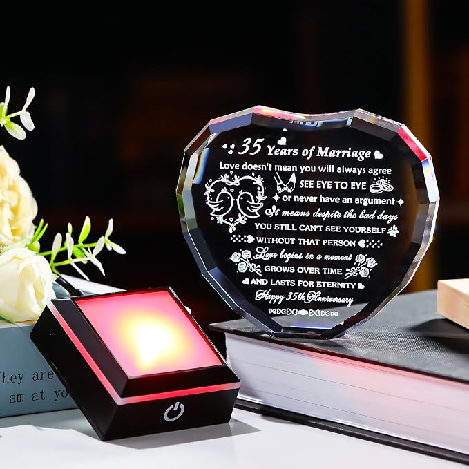 Arikyrist 35th Wedding Anniversary Crystal Heart Gifts for Couple, Laser Engraved 35 Year Anniversary Crystal Gifts for Wife Husband Parents, Romantic 35 Years of Marriage Gift for Him Her Friends