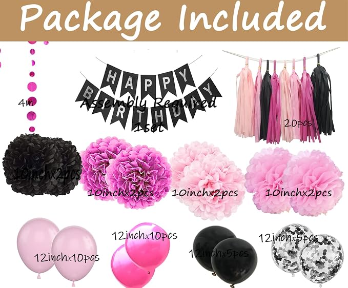 Hot Pink Birthday Decorations for Girls Women - Happy Birthday Banner with Party Balloons and Tassel Circle Garland Paper Flowers Supplies (Black Pink)