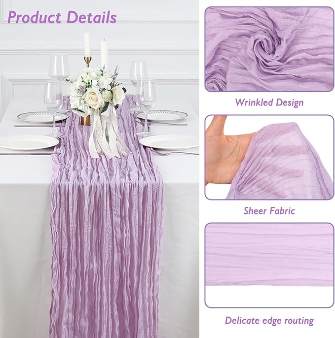 3 Pack Lilac Purple Cheesecloth Table Runner 120 Inch 10FT Cheese Cloth Fabric Runners for Baby Shower, Banquet, Wedding Decoration, Birthday Party