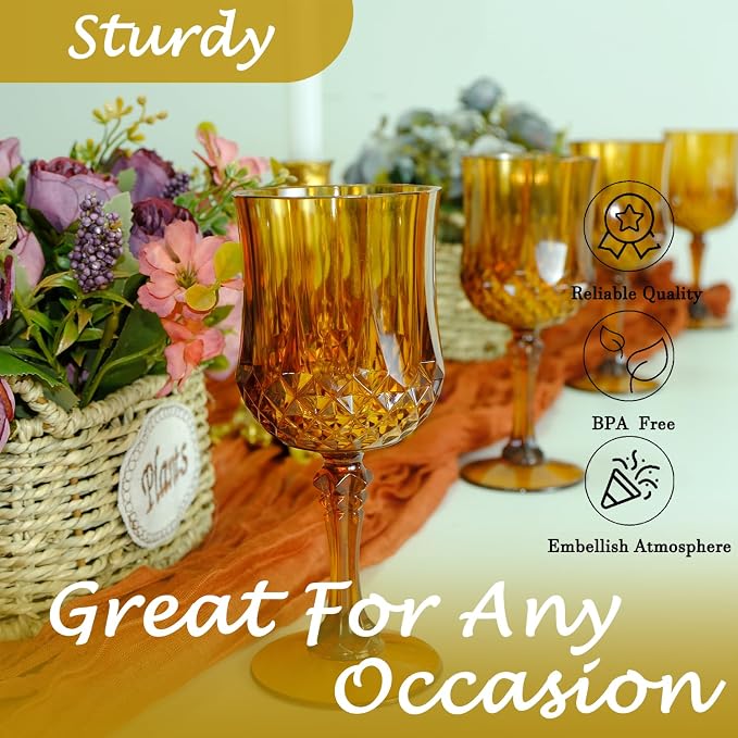 Plastic Wine Glasses, Plastic Goblets Vintage Style Cordial Unbreakable Drinking Glasses,Reusable Drinkware for Wedding Reception, Grand Event Party Supplies (12, Amber)