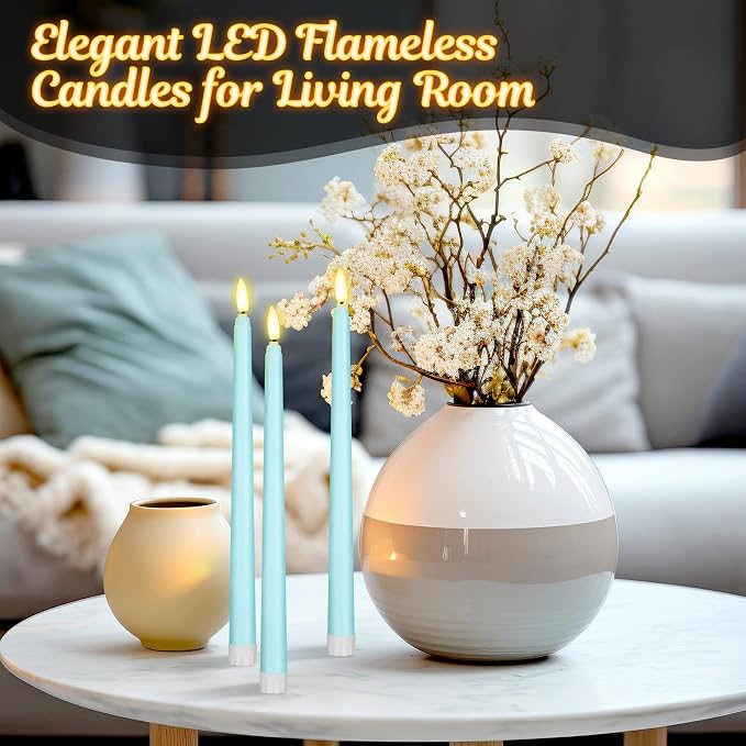 Macarrie 24 Packs Flameless Taper Candles Battery Operated Fake 11 Inch Long Candlelight LED Flameless Candlesticks Flickering Tapered for Summer Fall Wedding(Teal)