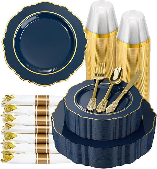 realluck 350 Piece Navy Blue Plastic Dinnerware Set for 50 Guests Elegant Baroque Disposable Dinnerware for Weddings, Parties, 100 Plastic Plates, 50 Pre Rolled Napkins with Silverware, 50 Cups