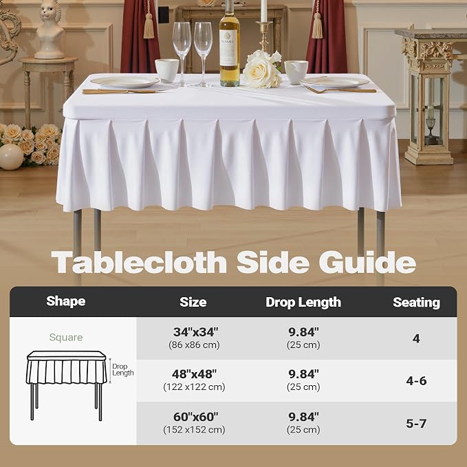 Shillance 34x34 Inch White Spandex Square Tablecloth 2 Pack,Wrinkle Free White Fitted Table Cloth for Square Tables,Washable Pleated Table Cover for Wedding Birthday Cocktail Party Buffet Dinner
