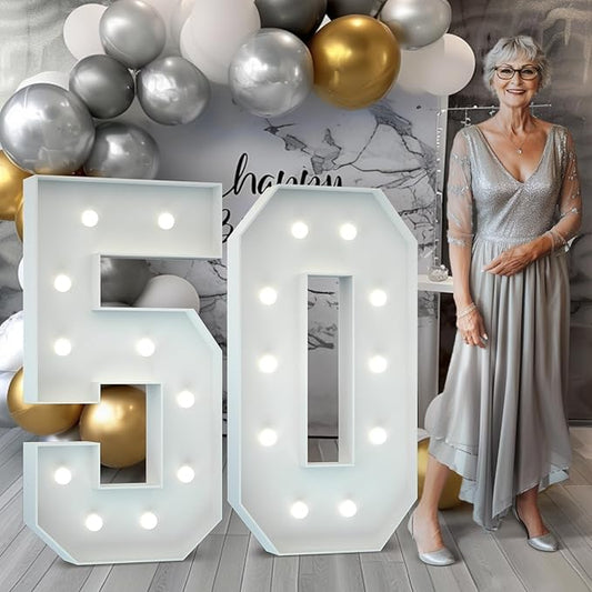 Marquee Numbers 4 Feet Tall: Large 50th Birthday Decorations for Her Him 4FT Light Up Numbers White Anniversary Party Decor Big Backdrop Foam Cardboard Number 50